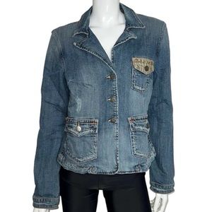 Vigoss Jeans Distressed‎ Corduroy Patches Blue and Tan Utility Denim Jean Jacket